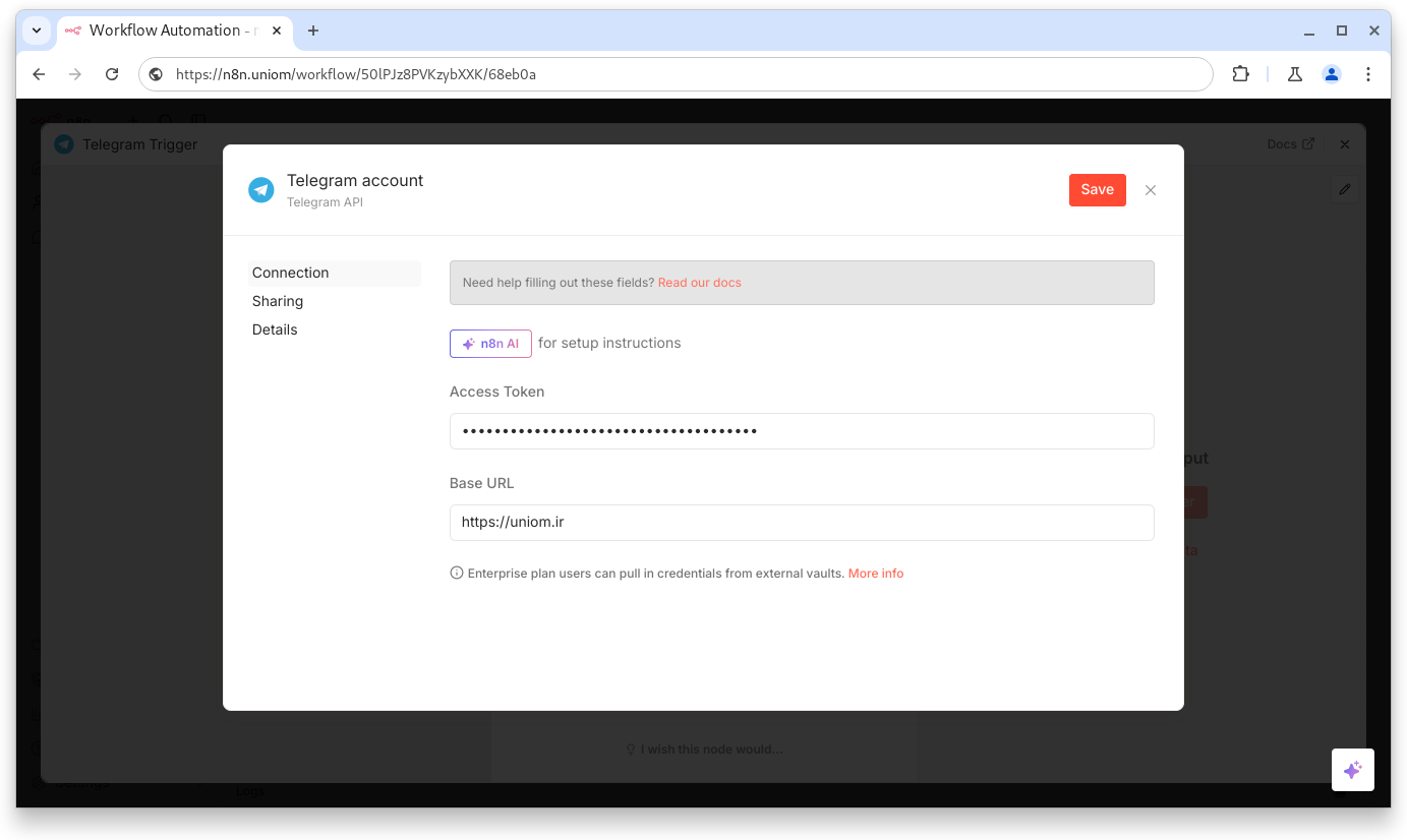 نمونه تنظیم credential و workflow در n8n برای یونیوم